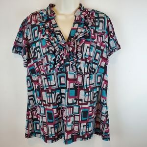 AGB Multicolor Links Gray Ruffle Button front Blouse Top Size XL Womens